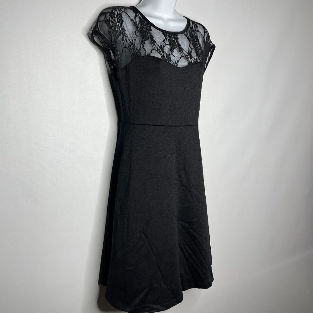 Rock Steady Retro Black Stretch Jersey Floral Mesh Lace Fit Flare Dress - Picture 3 of 8